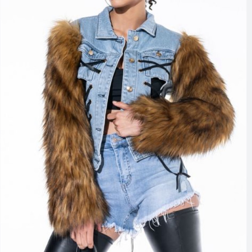 Denim Jacket with Brown Faux Fur Sleeves NWOT